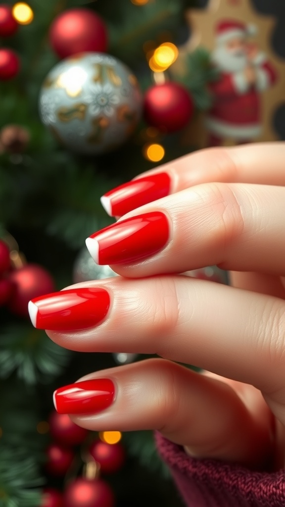 Classy short red French Christmas nails with white tips on a festive background.